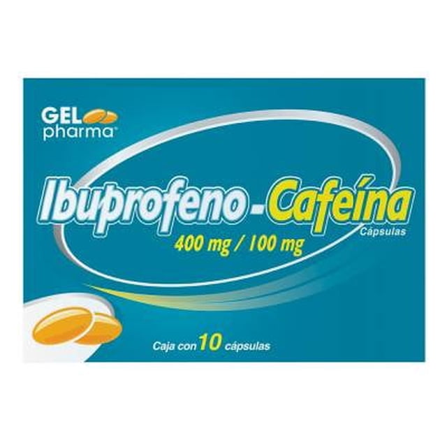ibuprofeno-cafeína 400/100 mg 10 cápsulas Caja frontal azul con logotipo Gel Pharma; texto grande "Ibuprofeno-Cafeína", dosis 400 mg / 100 mg, ilustración de cápsulas amarillas y blancas, leyenda "Caja con 10 cápsulas"; analgésico de farmacia.
