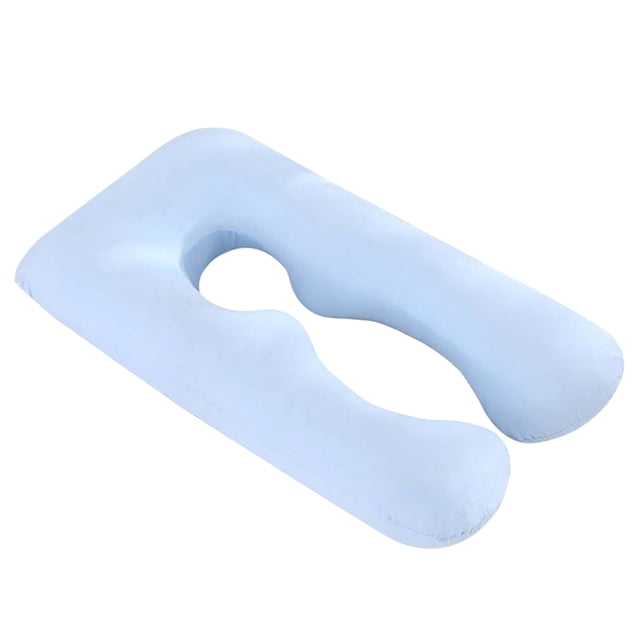 almohada de embarazo para dormir en forma de u, almohada de maternidad, soporte para espalda, piernas y vientre, para mujeres embarazadas, color azul — funda de algodón azul cielo para almohada en U, vista 3/4 frontal que muestra la abertura central y las dos ramas largas; textura lisa, cremallera en el borde, tamaño 123 x 65 cm, diseñada para soporte lateral y alivio de presión; también suele utilizarse para acomodar cabeza y piernas al descansar.