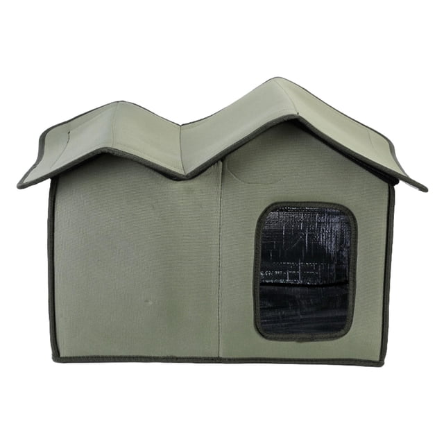 casa para perros yuyangstore tela oxford resistente a la intemperie verde Refugio exterior plegable para perro o gato con tela Oxford verde, techo desmontable de doble pico, puerta con cortina transparente, cojín interior extraíble y base acolchada; medidas 50×41×38 cm. También apta como refugio temporal en porches o garajes.