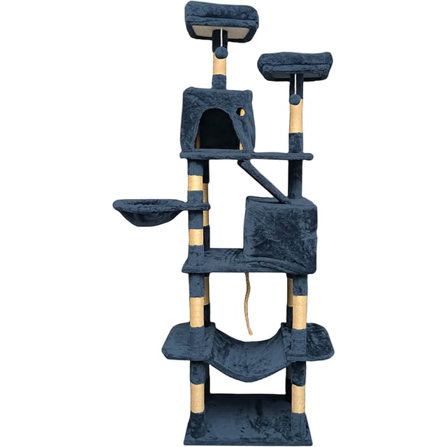 torre para gatos bluelander 2 m hamaca rascador múltiples niveles azul — árbol para gatos vertical de 2 metros con base amplia y kit antivuelco; refugio cubierto con entrada frontal, hamaca lateral, tres plataformas acolchadas superiores, varios postes forrados en cuerda para rascar y cuerda de juego; montaje sencillo, adecuada para gatitos y gatos adultos en interiores.