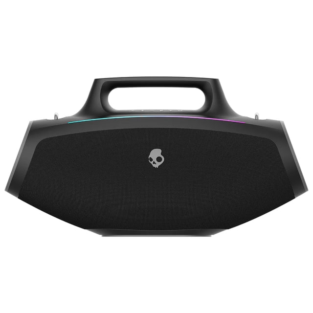 bocina inalámbrica skullcandy barrel xt bluetooth portátil negra, vista frontal centrada con asa integrada y rejilla texturizada con logo de calavera; tira LED multicolor en la parte superior y botones visibles en el asa. Resistente al agua, Bluetooth 5.3 y hasta 12 horas de batería; ideal para fiestas en casa y a menudo utilizada para llevar música portátil en viajes cortos.