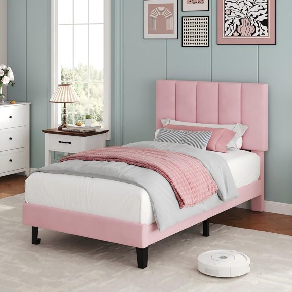 Yeshouse Estructura de cama individual, plataforma tapizada en terciopelo con cabecero ajustable con capitoné vertical, no requiere somier, fácil montaje, color rosa