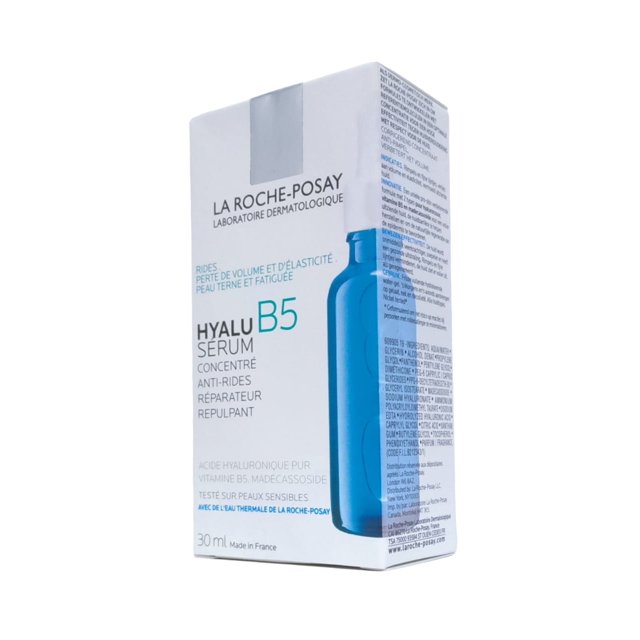 sérum concentrado anti-arrugas hyalu b5 30 ml. Caja blanca frontal y lateral con logotipo La Roche-Posay, texto 'HYALU B5 SÉRUM' y dibujo azul de frasco; lateral muestra texto de ingredientes y la indicación 30 ml; suero antiedad con ácido hialurónico, a menudo usado para rellenar arrugas y mejorar la hidratación facial.