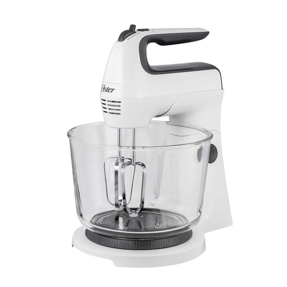 Batidora Oster de Mano y Pedestal con Tazón de Vidrio y 6 Velocidades Blanca