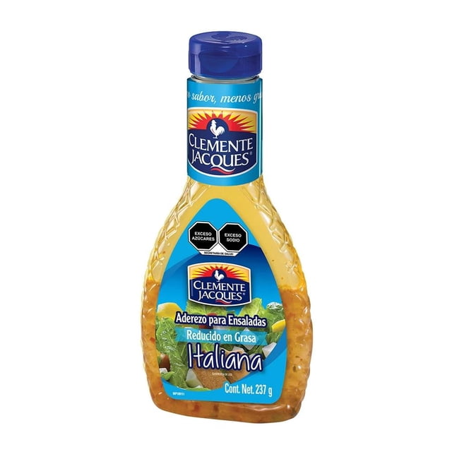 aderezo para ensaladas clemente jacques italina 237 g botella translúcida con aderezo italiano dorado, etiqueta azul con logo Clemente Jacques y texto “Aderezo para Ensaladas Reducido en Grasa Italiana”, tapa azul, vista frontal sobre fondo blanco; ideal para aliñar ensaladas y a menudo usado como aderezo versátil en recetas familiares.