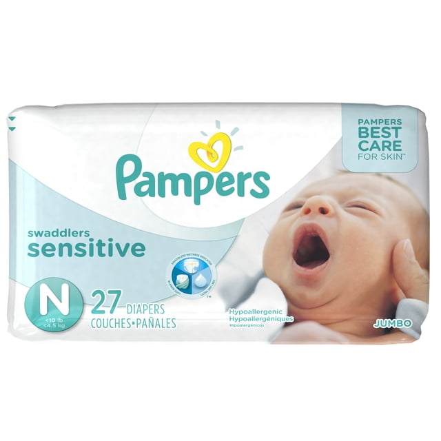 pañales pampers swaddlers sensitive para recién nacidos talla 0 (hasta 4 kg) paquete frontal con logo Pampers y un bebé bostezando; fondo blanco con acentos azul verdoso, texto "sensitive", talla N y "27" unidades visibles, sello "hypoallergenic" y "Pampers Best Care for Skin".