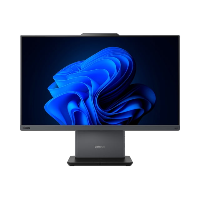 aio lenovo think centre neo 50a: intel core 5-13420h, ram 16gb ddr4, ssd 512gb, pantalla 27" led, s.o. w11p — Vista frontal centrada de computadora All-in-One Lenovo negra con pantalla LED de 27", soporte y base gris con logo Lenovo, pantalla casi sin bisel mostrando fondo azul; adecuada para estaciones de trabajo en oficina.