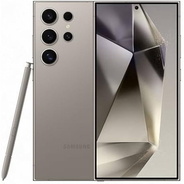 smartphone samsung galaxy s24 ultra 512gb 12ram- titanium grey vista 3/4 con S Pen a la izquierda; carcasa titanio gris, pantalla plana de 6.8 pulgadas, cámara trasera cuádruple visible (200MP, 50MP, 12MP, 10MP) y cámara frontal de 12 MP en el centro del bisel superior. Su tamaño compacto lo hace también adecuado para usuarios que llevan el S Pen a diario.