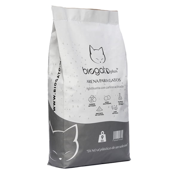 Arena para Gatos BioGato Plus+ Carbon Activado 9kg, Aglutina y Elimina malos olores SIN Polvo