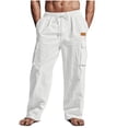 thumbnail image 1 of Amzcrzy Mens Linen Pants Comfortable Elastic Waist Drawstring Trousers for Men Summer Casual Relaxed Fit Beach Yoga Pants Lightweight Baggy Wide Leg Pants for Men with Flag Label S-3XL Blanco, 1 of 6