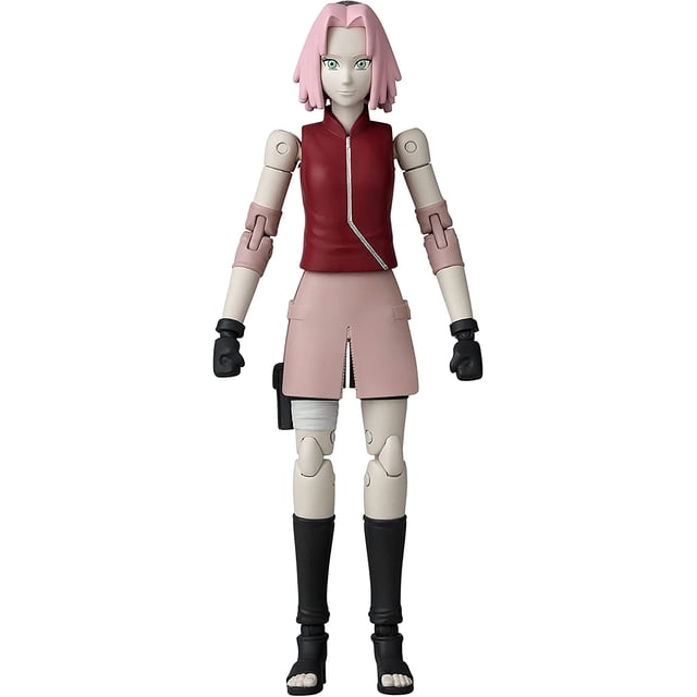 heroes de anime naruto haruno sakura figura,36909 anime heroes anime heroes figura de acción articulada multicolor, vista frontal de cuerpo entero con cabello corto rosado, chaleco sin mangas rojo con cierre plateado en diagonal, falda rosa con abertura frontal, protectores de pierna y guantes negros, articulaciones visibles en hombros, codos y rodillas, fondo blanco; a menudo usada para exhibición.