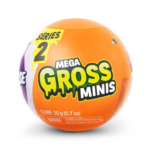 figura 5 surprise mega gross minis empaque sorpresa multicolor — cápsula esférica naranja Series 2 en vista frontal con logo "Mega Gross Minis" en verde y blanco; marca "slime: 20 g (0.7 oz)" y advertencia de piezas pequeñas legibles en el borde; empaque sorpresa para coleccionables que se abre para revelar 5 sorpresas, ideal para ampliar una colección.