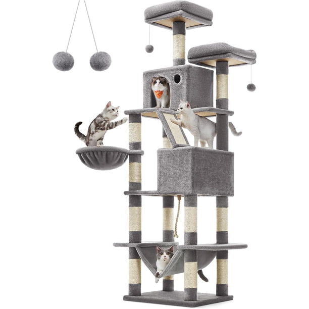 FEANDREA Árbol para Gatos de 206 cm de Altura, Torre de Gatos con 13 Poste, 2 Cuevas, 2 Plataformas, Cesta, Pompón, Hamaca, Gris Claro PCT190W01