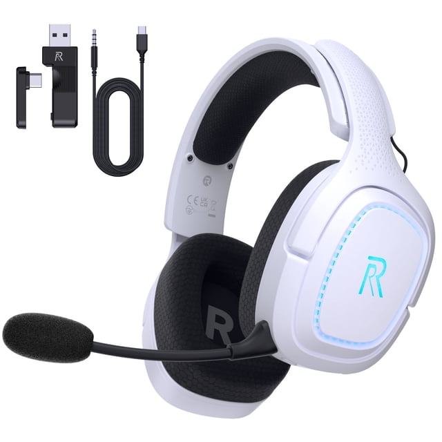 ffn audífonos gamer inalámbricos de 2.4ghz para ps5/ps4, pc, switch, audífonos gamer bluetooth 5.2 con micrófono con cancelación de ruido, batería de 45h, modo con cable de 3.5mm para xbox series - b Auriculares blancos sobre la oreja con diadema ajustable y marco de aluminio; copas acolchadas en proteína negra y textura transpirable; luz LED en las copas y controladores de 50 mm. Micrófono desmontable flexible con espuma y cancelación de ruido; incluye dongle USB 2.4GHz, adaptador Type-C y cable 3.5mm/Type-C. Vista 3/4 que muestra perforado en la banda; compatible con 2.4GHz, Bluetooth 5.2 y conexión por cable; batería hasta 45 h. También aptos para llamadas y reproducción multimedia.