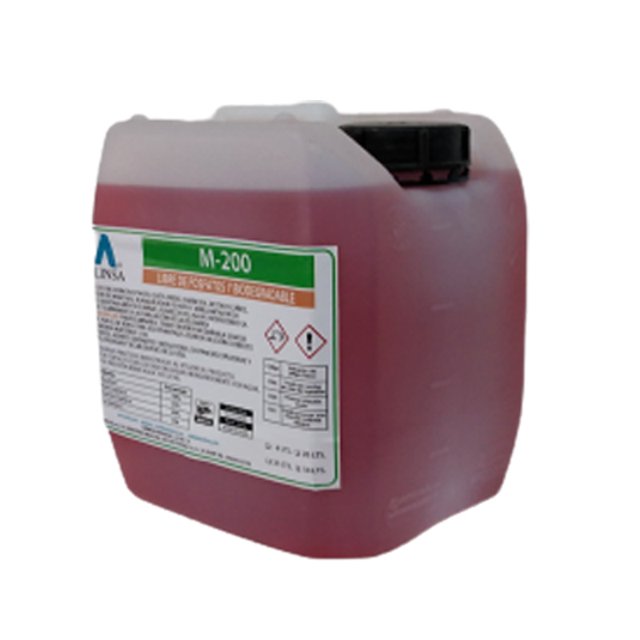 m-200 desincrustante y sarricida envase rectangular con líquido rojo, etiqueta verde y blanca con logo Alinsa y pictogramas de riesgo; desincrustante biodegradable y concentrado que quita óxido y sales minerales en metales, plásticos, azulejos y tuberías; enjuagar y secar bien después de su uso.