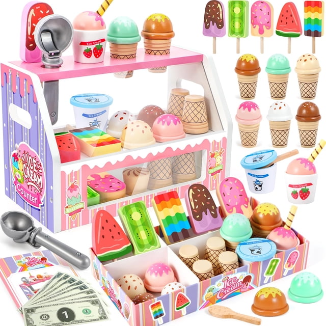 set de juego ice cream toy loscola ice cream shop para niños, camión mostrador de helados de madera en vista frontal 3/4 con acabado pulido; incluye 6 conos, 6 bolas de helado, 6 paletas, tazas, cucharas, menú y billetes de juego. Piezas pintadas en colores vibrantes, asa portátil y ventana de visualización realista; ideal para juego de roles y práctica de motricidad fina.
