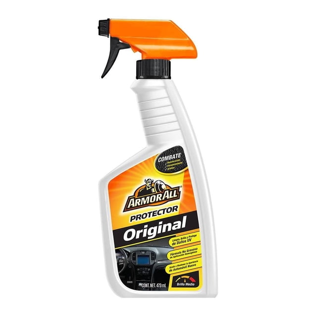 protector armor all original 473 ml spray blanco con gatillo naranja, vista frontal centrada del envase ergonómico con etiqueta naranja y negra y logo Armor All; limpiador y abrillantador para plásticos y salpicaderos que ayuda a proteger contra rayos UV y es ideal para el cuidado y estética automotriz durante viajes.