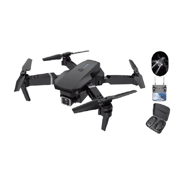 drones con cámara 4k quadcopter+360° acrobacias+2 baterías Negro LAB.G dron plegable de cuatro ejes en vista 3/4 frontal, cuerpo negro con hélices desplegadas y cámara UHD 4K montada en amortiguador frontal con lente ajustable; control remoto con pantalla y maletín con dos baterías modulares. Ligero, plegable y diseñado para adolescentes; suele usarse también como cámara de viaje para contenido al aire libre.