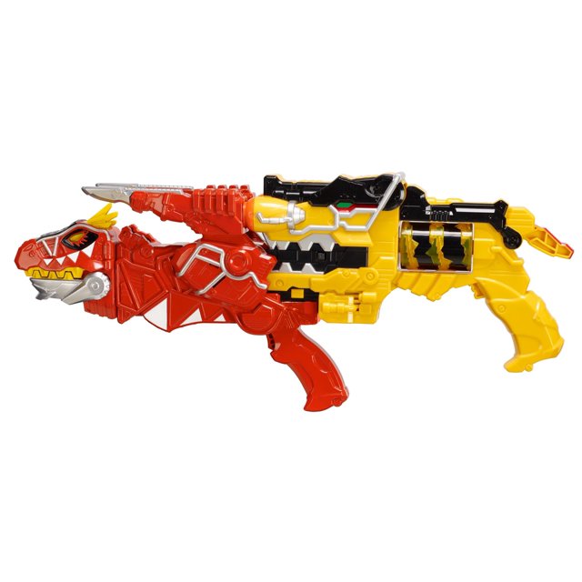 set de lanzadores morper y t-rex morpher dino super charge de toy power rangers Vista 3/4 frontal del lanzador en plástico rojo y amarillo; frente con cabeza de T-Rex moldeada y dientes pintados en blanco y plateado, cuerpo rojo con patrones geométricos, sección trasera amarilla con empuñadura tipo pistola, guarda gatillo, paneles negros y detalles plateados y una ventana translúcida que muestra componentes internos. Según la ficha, el Dino Morphed incluye luces y sonidos y el T-Rex Super Charge Morphed tiene dos modos de transformación; a menudo se usa para juego de rol infantil o como pieza de colección.