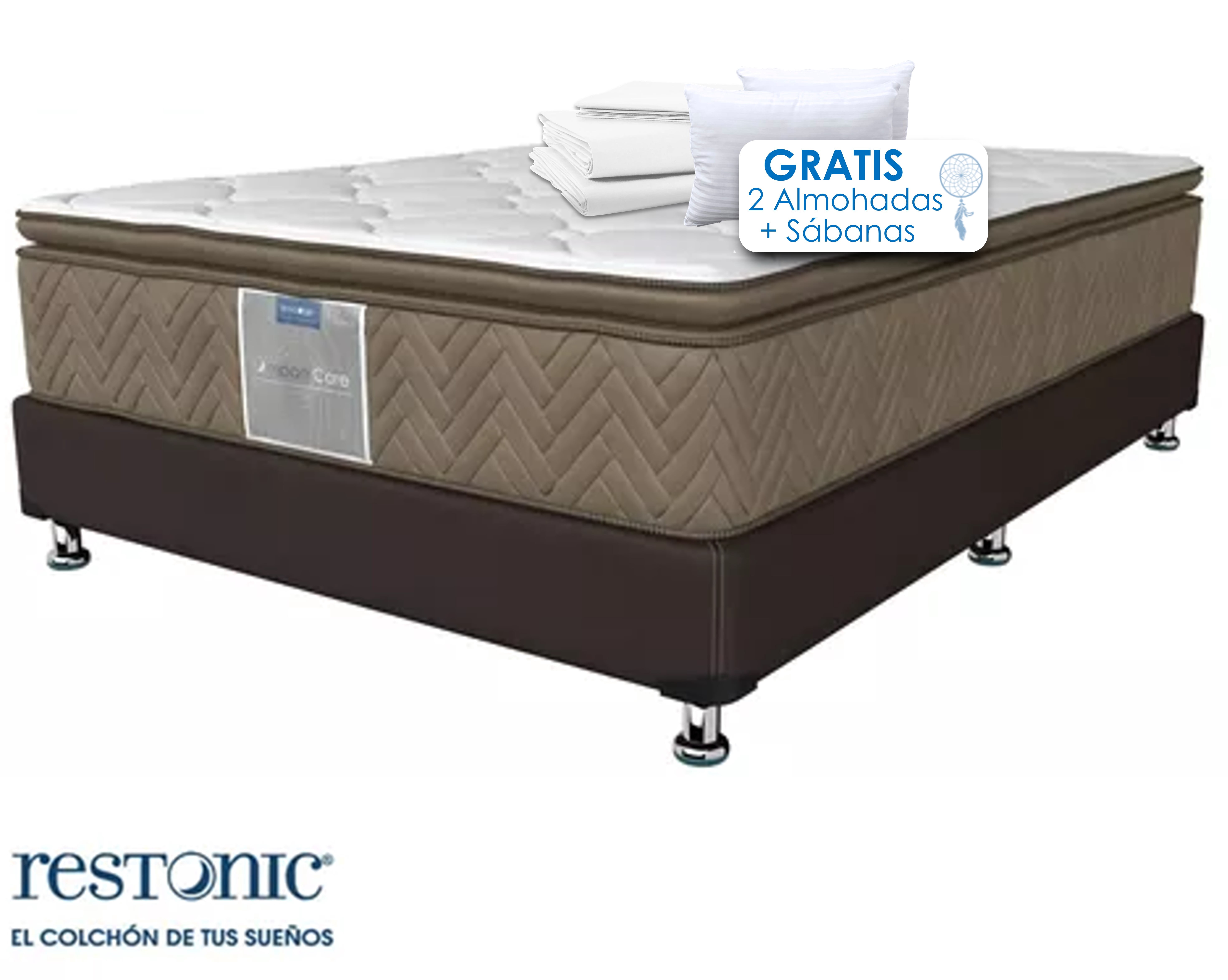 Colchón Matrimonial Antiestrés con Base Box Tapizado + Juego de Sábana + 2 Almohadas, Paquete de Blancos Set