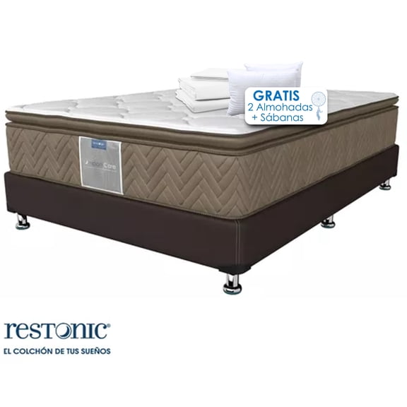 Colchon Queen size Antiestrés con Base Box Tapizado + Juego de Sábana + 2 Almohadas, Paquete de Blancos Set