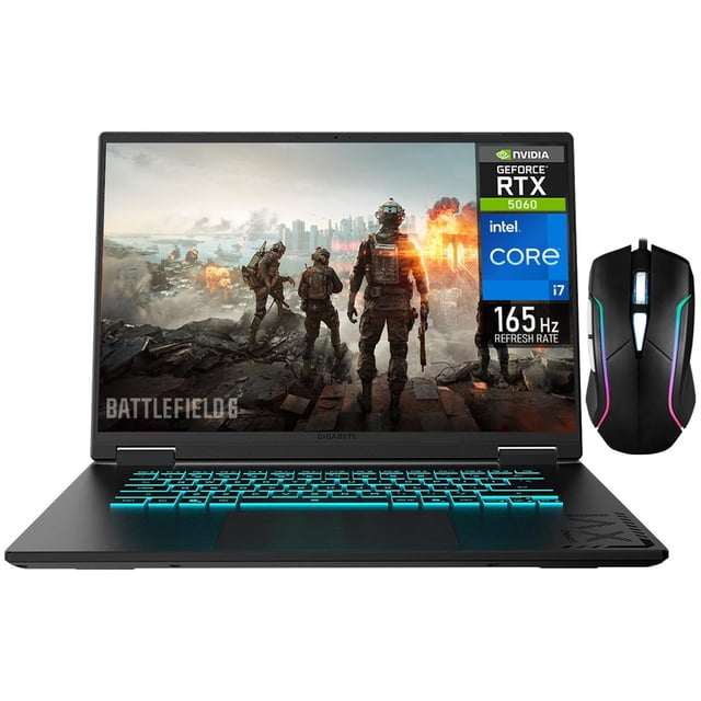 laptop gamer gigabyte a16 geforce rtx 5060 8gb core i7 13620h 32gb ddr5 1tb ssd 16" ips fhd+ 165hz teclado español mouse gaming vista frontal centrada de portátil negro abierto con pantalla 16" WUXGA (1920 x 1200) 165Hz mostrando escena de juego, teclado en español con retroiluminación RGB de una zona en azul-cian, chasis negro mate con touchpad y logotipo GIGABYTE en el bisel inferior; mouse gaming negro con iluminación RGB a la derecha; adecuada para gaming, creación de contenido y multitarea gracias a Intel Core i7 y 32GB DDR5.