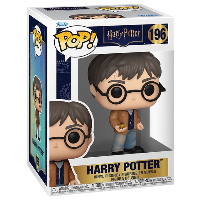 figura coleccionable funko pop pelicula harry potter 1 pieza Multicolor — Figura de vinil de ~10 cm inspirada en Harry Potter, vista frontal 3/4 con cabeza grande y ojos negros redondos, cabello castaño corto y cicatriz en forma de rayo, gafas redondas negras, chaqueta marrón sobre camisa azul y pantalones claros; sostiene un objeto dorado. Caja con ventana frontal, logo Pop! y número 196 visible. Adecuada para colecciones y exhibición en estantería.