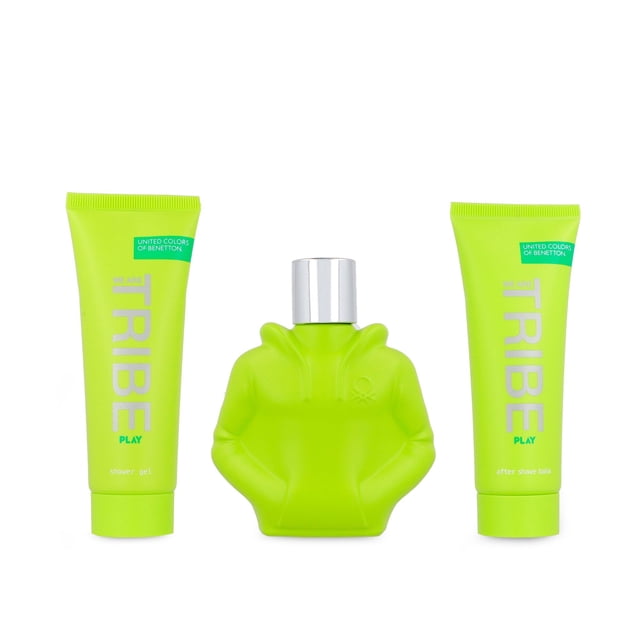 set benetton we are tribe play 3pzs 90ml edt spray/ shower gel 75ml/ after shave 75ml — Set de 3 piezas con eau de toilette 90 ml en frasco verde lima con tapa plateada y dos tubos verde lima (gel de ducha 75 ml y after shave 75 ml) en vista frontal; tipografía vertical 'TRIBE' visible. Fragancia para hombres, familia olfativa cítrica con notas de toronja, jengibre, ciprés y pachulí; adecuado como set de viaje o regalo compacto.