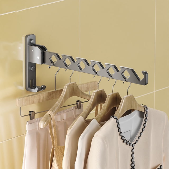 xihbxyly tendedero de pared plegable y compacto de aleación de aluminio resistente, brazo desplegado con seis ranuras hexagonales para perchas, montado en azulejo y sosteniendo ropa en perchas de madera; multicolor #2, 37 x 8 x 4 cm.