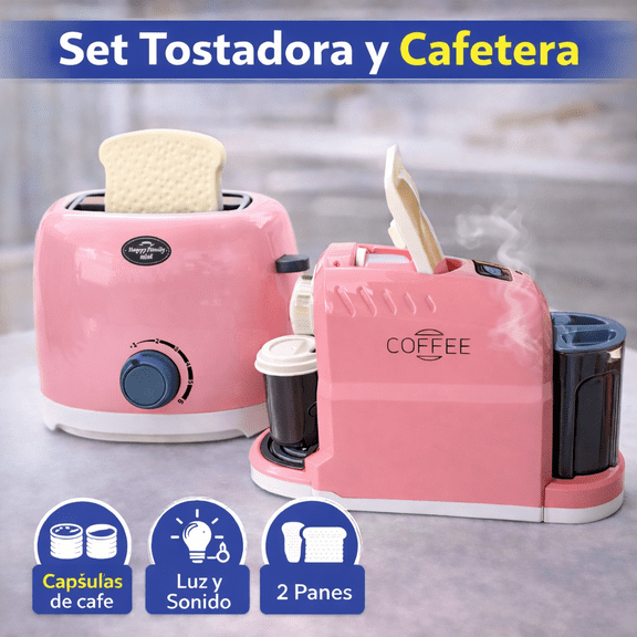 Electrodomésticos de Juguete Cocinita Cafetera con Cápsulas y Tostadora con panes, Color Rosa