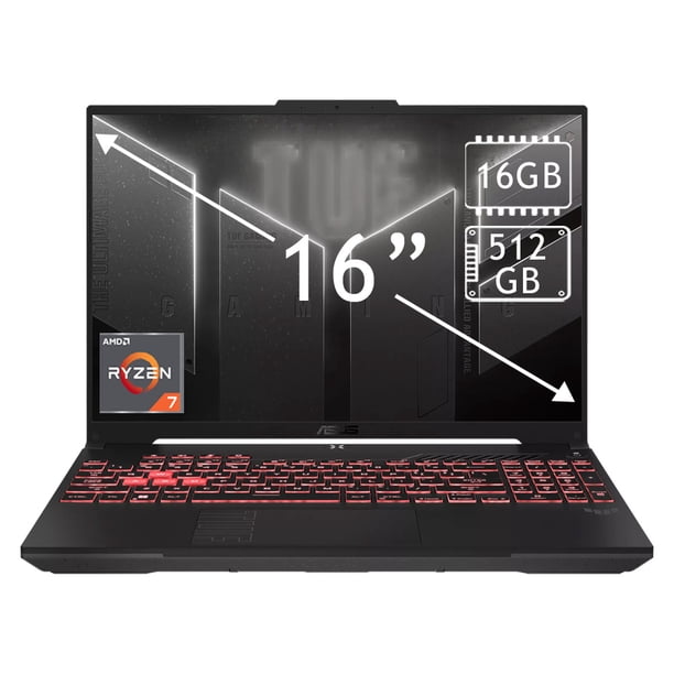 Laptop Gamer ASUS TUF A16: Ryzen 7 170 (hasta 4.75 GHz), Memoria de 16GB DDR5, SSD de 512GB, Pantalla de 16" LED (1920 x 1200), GeForce RTX 4050, Windows 11 Home.