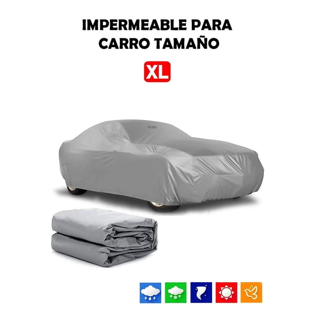 funda cubierta para coche impermeable vimi protector contra lluvia y polvo tamaño xl (540 x 175 x 120 cm) cubierta gris plateada 3/4, coche totalmente cubierto con silueta suave en tejido PEVA reflectante, pliegue empaquetada en primer plano; protege pintura del polvo, lluvia y rayos UV, adecuada para temporada de lluvias.