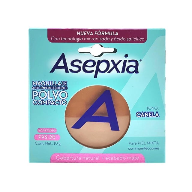 maquillaje en polvo asepxia tono canela 10g Empaque frontal centrado, vista directa del polvo compacto marrón canela con logotipo azul 'A' en ventana circular; caja turquesa con textos 'polvo compacto', 'FPS 20', 'anti-imperfecciones' y 'acabado mate', contenido neto 10 g; también apto para retoques rápidos de viaje.