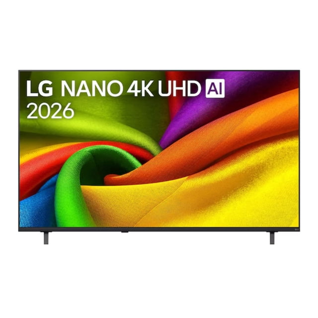pantalla 65 pulgadas lg nano 4k uhd ai nu850 smart tv webos 2026 frontal de 65" con bisel delgado; muestra una imagen de tela colorida que ilustra la reproducción de color NANO y la resolución 4K UHD; patas de soporte visibles en ambos extremos y diseño rectangular minimalista; ideal para películas, videojuegos y streaming.