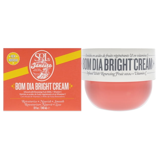 sol de janeiro crema para el cuerpo bom dia crema brillante 8 oz sol de janeiro crema para el cuerpo 8 oz Frasco redondo coral con tapa blanca impresa 'BOM DIA BRIGHT CREAM' junto a caja rectangular coral con logo Sol De Janeiro y texto promocional; contenido 8 oz (240 ml). A menudo usada como crema corporal diaria.