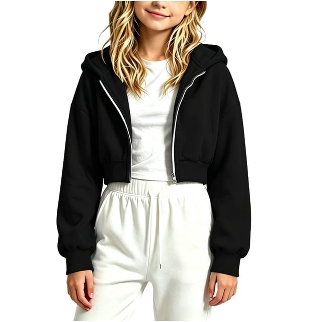 Sudadera con capucha y cremallera de manga larga de color liso para niñas, estilo casual y holgado, ideal para invierno, tallas 120-170.