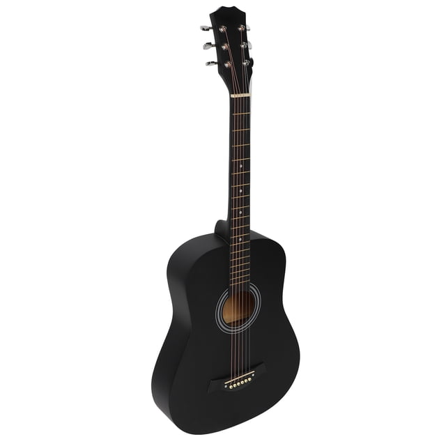 guitarra acústica, agarre cómodo redondeado, kit de guitarra acústica negra mate de 38 pulgadas para aprender para adultos Vista frontal 3/4 de guitarra acústica negra mate de 38 pulgadas con silueta dreadnought; acabado mate en tapa y aros, roseta circular alrededor de la boca, diapasón oscuro con trastes y marcadores laterales, clavijero con 6 clavijas metálicas, puente con 6 pasadores y cuerdas de bronce visibles; fondo blanco. Adecuada para estudiantes y adultos; también es adecuada como guitarra de práctica portátil.