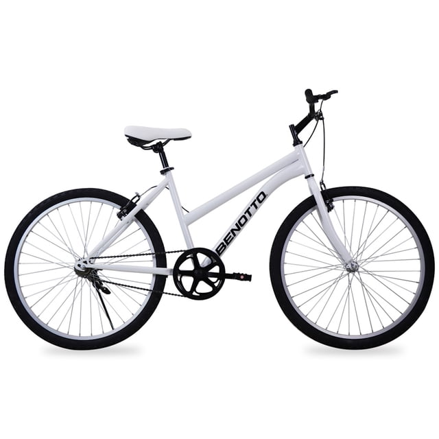 bicicleta montaña acero promocional r26 frenos v benotto blanca vista lateral con cuadro de acero Hiten, tijera rígida y manubrio en acero, asiento ergonómico blanco, frenos V delantero y trasero, rines de aluminio y llantas 26 x 1.95; adecuada para traslado urbano y recreación ligera.