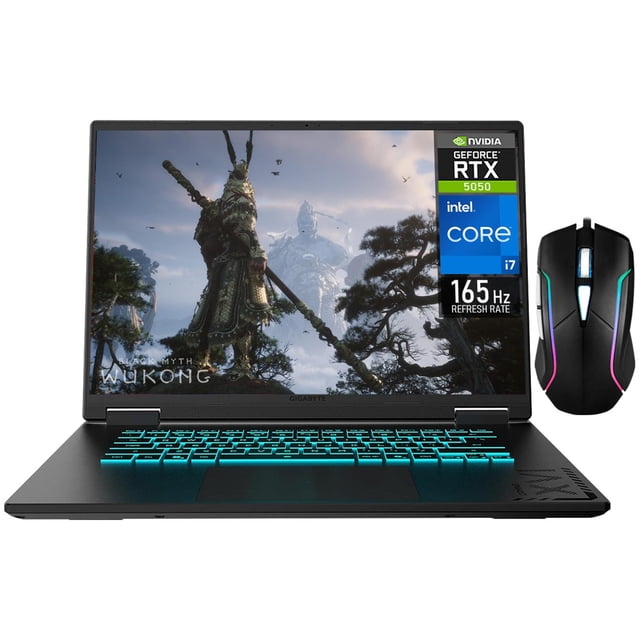 laptop gamer gigabyte gaming a16 nvidia geforce rtx 5050 8gb intel core i7 13620h 32gb ddr5 1tb ssd pantalla 16" ips fhd+ 165hz teclado español mouse gaming dxt w11h-e diseño gráfico y multimedia. Vista frontal de la laptop negra abierta con pantalla de 16" mostrando arte de juego, teclado en español con retroiluminación RGB azul en una zona, touchpad ancho y bisel inferior delgado; mouse gaming negro con iluminación RGB a la derecha y etiquetas visibles de NVIDIA RTX 5050 e Intel Core i7 en la esquina superior derecha de la pantalla. Adecuada para gaming, creación de contenido y streaming portátil; suele usarse también para edición y multitarea.
