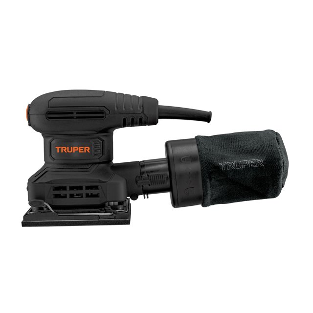 lijadora orbital 1/4 hoja, 300w TRUPER, vista lateral de cuerpo delgado con agarre antideslizante, carcasa negra y logo naranja, motor 300 W sobre balero de bolas y interruptor hermético contra polvo, base rectangular para lija 1/4 hoja con sujeción por mordazas y gancho y bucle, bolsa recolectora de polvo textil acoplada; adecuada para retoques rápidos en madera o metal.