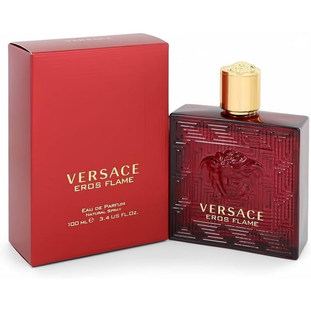 perfume versace eros flame eau de parfum 100 ml para hombre frasco cuadrado rojo oscuro con relieve de la medusa y tapa dorada junto a su caja roja; fragancia amaderada y picante para noche con notas de cítricos italianos, pimienta negra, romero, madera, geranio, rosa, tonka y vainilla; uso sugerido: aplicar en pecho y cuello.