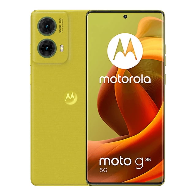 smartphone moto g85 5g 8gb 256gb verde desbloqueado, vista centrada frontal y trasera; pantalla curva sin bordes de 6.7” con cámara frontal en agujero central, parte trasera verde con dos módulos circulares y logotipo Motorola; cámara principal 50 MP, procesador Snapdragon 6s Gen 3, Dolby Atmos e IP52; ideal para streaming y reproducción multimedia.