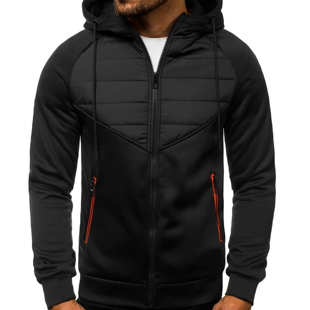 sudadera para hombre shendy vendy con capucha ajustable deportiva hoodie negra, vista frontal centrada con cremallera frontal completa y cordón teñido en la capucha; panel acolchado en el pecho con costuras horizontales, bolsillos delanteros con cierres naranjas visibles, puños y dobladillo acanalados y forro resistente a las bolitas para aislamiento en clima frío; también suele usarse como capa casual para actividades al aire libre.