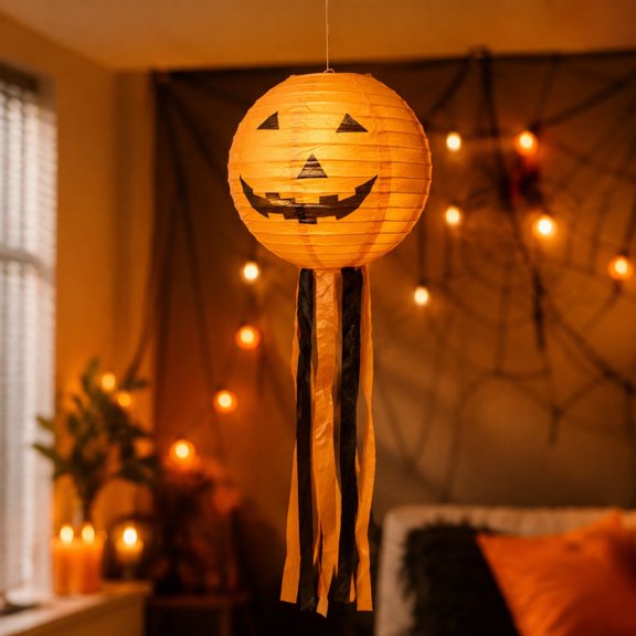 Decoraciones colgantes de calabazas de papel para Halloween: calabaza plegable de papel crepé con cara sonriente y borlas para fiestas de Halloween en interiores y exteriores.