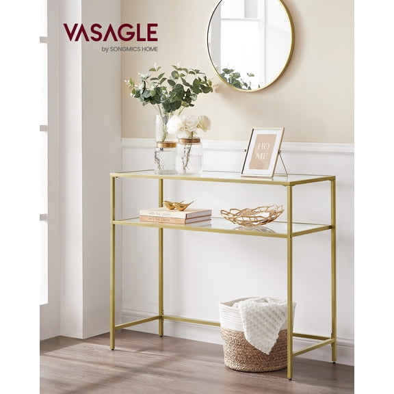 VASAGLE Mesa de Consola, Mesa de Entrada, Marco de Metal, Extremo del Sofá, Tablero de Vidrio Templado, Patas Ajustables, para Salón, Entrada, Pasillo, Dorado y Transparente