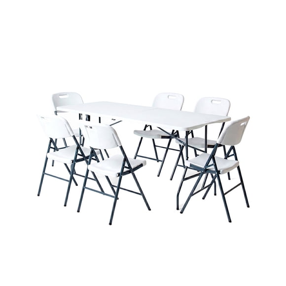 Mesa Plegable Blanca 180 cm + 6 Sillas Plegables Blancas LOOMBER