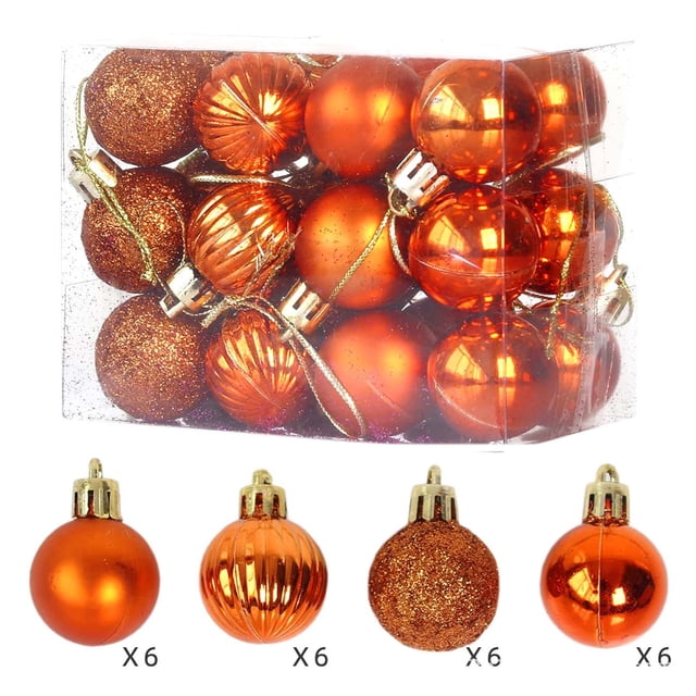 xihbxyly bolas de navidad para árbol juego de 24 piezas anaranjado, caja con 24 esferas galvanizadas de plástico de 3 cm; seis mate, seis acanaladas, seis con purpurina y seis brillantes, cada una con gancho dorado y cordón para colgar, diseño irrompible, para árbol, decoración de hogar, fiestas y bodas; también aptas para manualidades o centros de mesa.