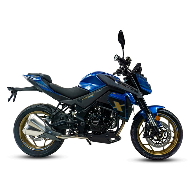 motocicleta daytona xpower 300 azul 2026 motocicleta deportiva 300 CC, perfil lateral derecho con tanque y carenado azul y gráficos oscuros con cruz amarilla, chasis negro, llantas doradas, escape metálico, suspensión invertida frontal, freno de disco, asiento doble, manubrio con velocímetro digital y puerto USB; adecuada para uso on/off y terrenos mixtos.