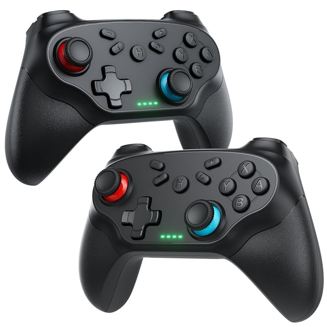 controlador inalámbrico nonbliep para nintendo switch 2/1 lite/oled Pack de 2 mandos negros ergonómicos, vista frontal 3/4 con dos unidades, joysticks analógicos (izquierdo con aro rojo, derecho con aro azul), cruceta, botones A/B/X/Y, gatillos y cuatro LEDs indicadores en el centro; superficie texturizada antideslizante y fondo blanco. También suele usarse como mando inalámbrico compatible con PC y móviles para juegos.