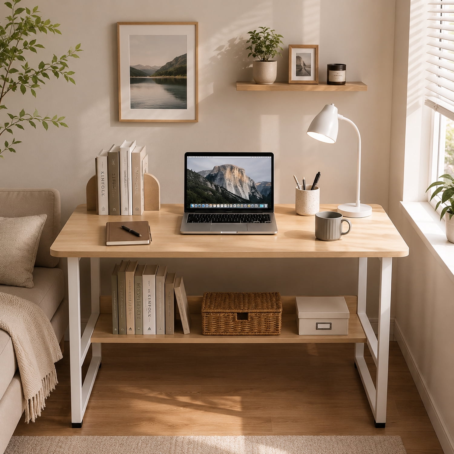 Escritorio para Computadora con Estante de Almacenamiento, Mesa Home Office Minimalista con Patas Reforzadas, Estilo Industrial para Estudio y Trabajo, Color Madera, 100 cm